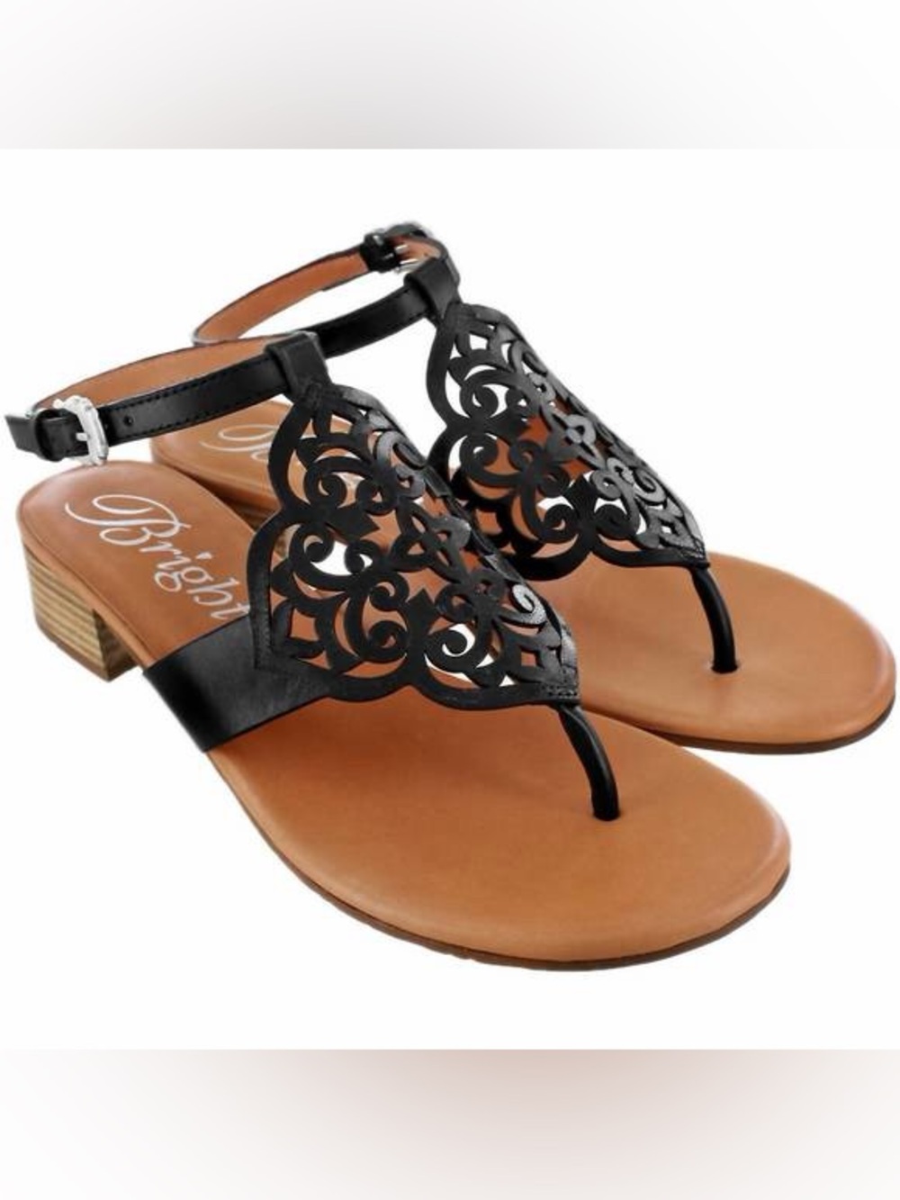 Brighton Lina Black Leather Lattice LaserCut Medallion Thong Sandal Block Heel 8